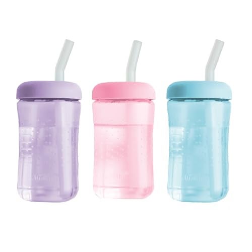 The First Years Squeeze & Sip Toddler Straw Cups - Squeezable Transition Sippy Cup with Silicone Straw - Toddler Feeding Supplies - Pink/Purple/Blue - 7 Oz - 3 Count - Ages 6 Months and Up - Image 1