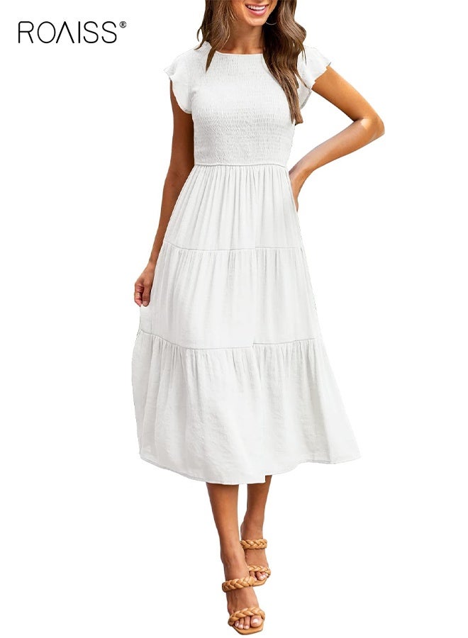 رويس فستان ماكسي متوسط الطول صيفي كاجوال للنساء، بتصميم بوهو، برقبة دائرية، وأكمام قصيرة مكشكشة، وخصر، وفساتين طويلة فضفاضة للسيدات،فستان كلاسيكي للعطلات بخصر عالٍ وقصة A باللون الأبيض - Image 5
