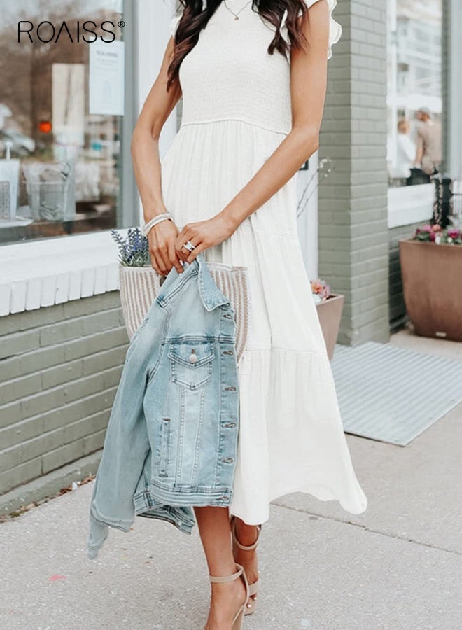 رويس فستان ماكسي متوسط الطول صيفي كاجوال للنساء، بتصميم بوهو، برقبة دائرية، وأكمام قصيرة مكشكشة، وخصر، وفساتين طويلة فضفاضة للسيدات،فستان كلاسيكي للعطلات بخصر عالٍ وقصة A باللون الأبيض - Image 4