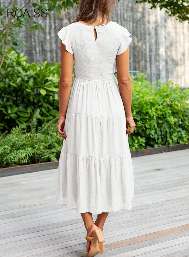 رويس فستان ماكسي متوسط الطول صيفي كاجوال للنساء، بتصميم بوهو، برقبة دائرية، وأكمام قصيرة مكشكشة، وخصر، وفساتين طويلة فضفاضة للسيدات،فستان كلاسيكي للعطلات بخصر عالٍ وقصة A باللون الأبيض - Image 3