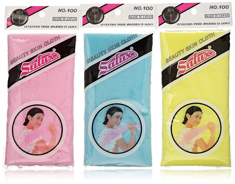 Salux Nylon Japanese Beauty Skin Bath Wash Cloth/towel (3) Blue Yellow and Pink - Image 1