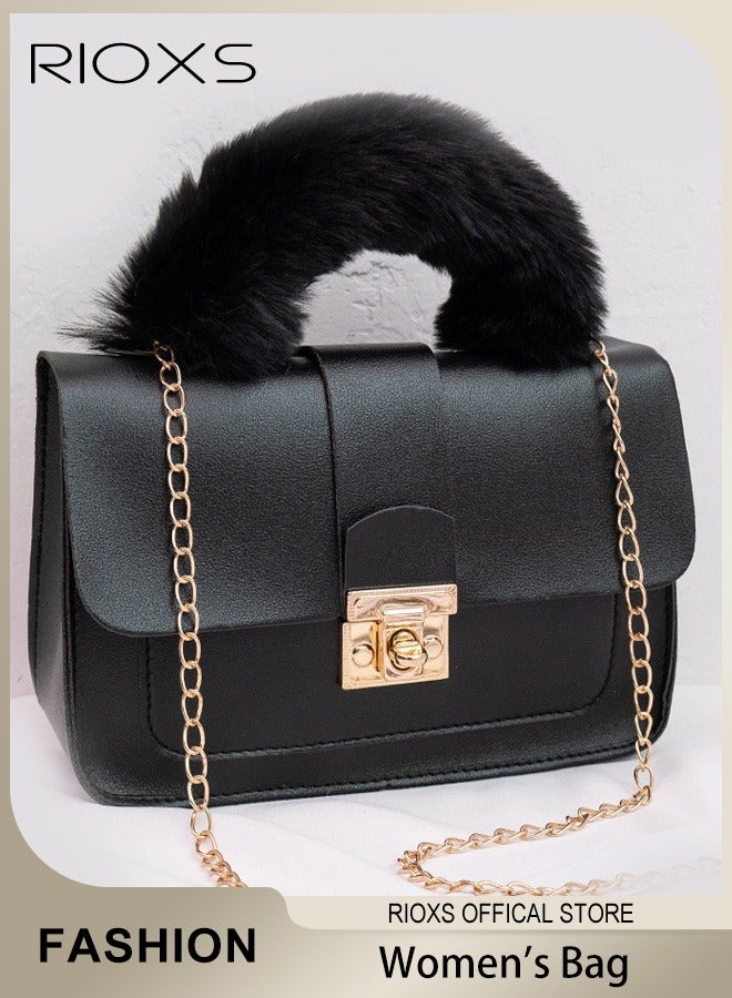 RIOXS Women's Mini Crossbody Bag Fashion Lightweight Shoulder Bag Square Leather Handbag With Fluffy Soft Top Handle Metal Rotating Buckle and Metal Chains  - Image 1