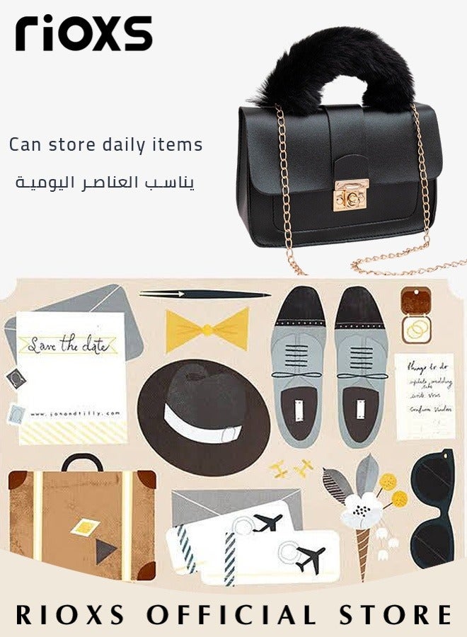 Women's Mini Crossbody Bag Fashion Lightweight Shoulder Bag Square Leather Handbag With Fluffy Soft Top Handle Metal Rotating Buckle and Metal Chains