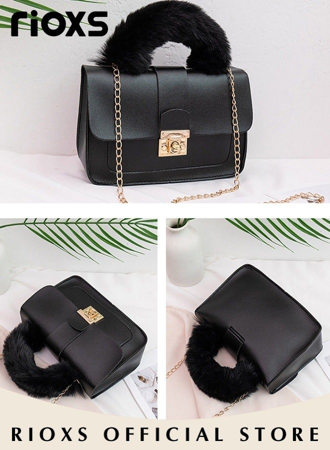 RIOXS Women's Mini Crossbody Bag Fashion Lightweight Shoulder Bag Square Leather Handbag With Fluffy Soft Top Handle Metal Rotating Buckle and Metal Chains  - Image 4