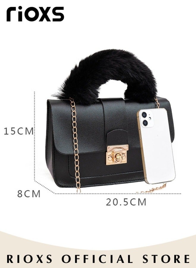 Women's Mini Crossbody Bag Fashion Lightweight Shoulder Bag Square Leather Handbag With Fluffy Soft Top Handle Metal Rotating Buckle and Metal Chains