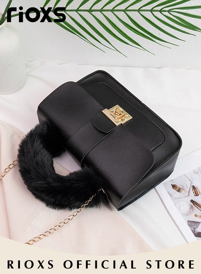 RIOXS Women's Mini Crossbody Bag Fashion Lightweight Shoulder Bag Square Leather Handbag With Fluffy Soft Top Handle Metal Rotating Buckle and Metal Chains  - Image 2