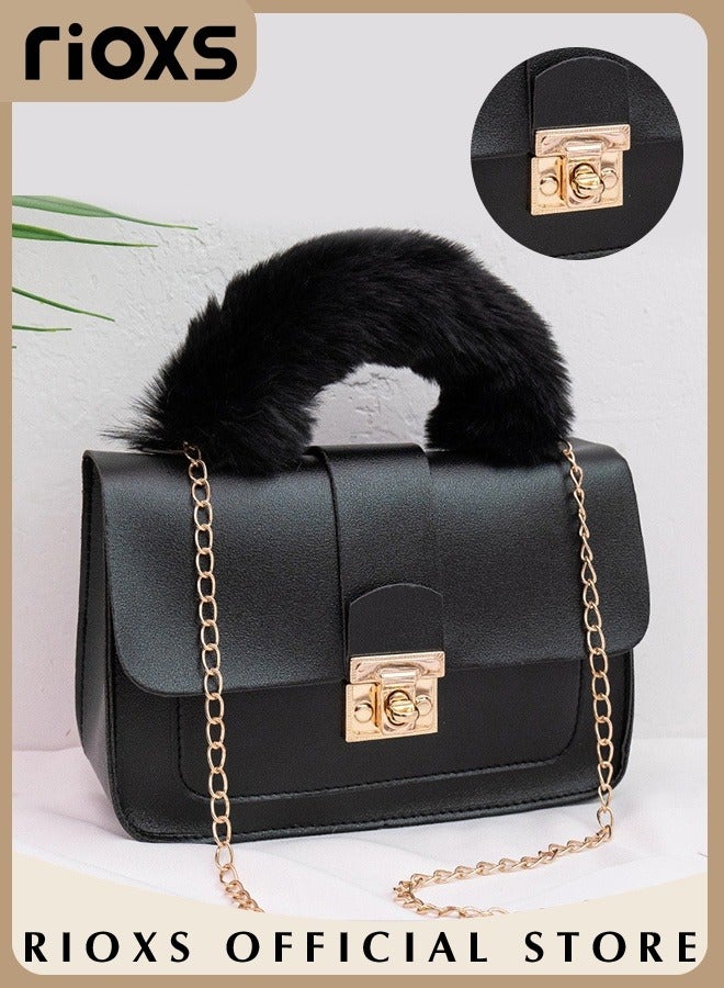 RIOXS Women's Mini Crossbody Bag Fashion Lightweight Shoulder Bag Square Leather Handbag With Fluffy Soft Top Handle Metal Rotating Buckle and Metal Chains  - Image 3