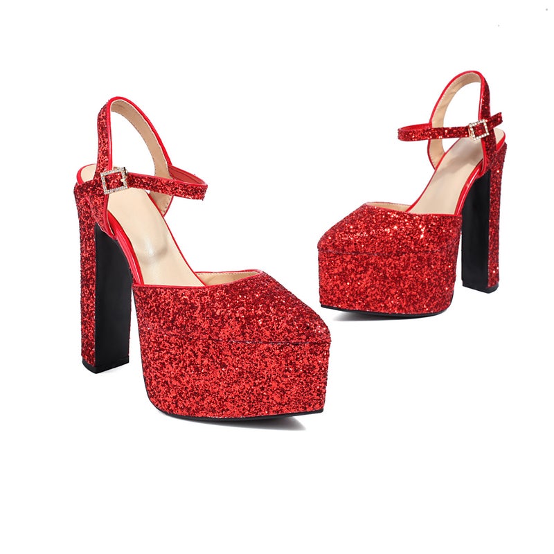 2024 Summer Fashion Sequin High Heeled Pointed 32-43 Size Code Buckle Strap Platform Sandals Women - Image 1
