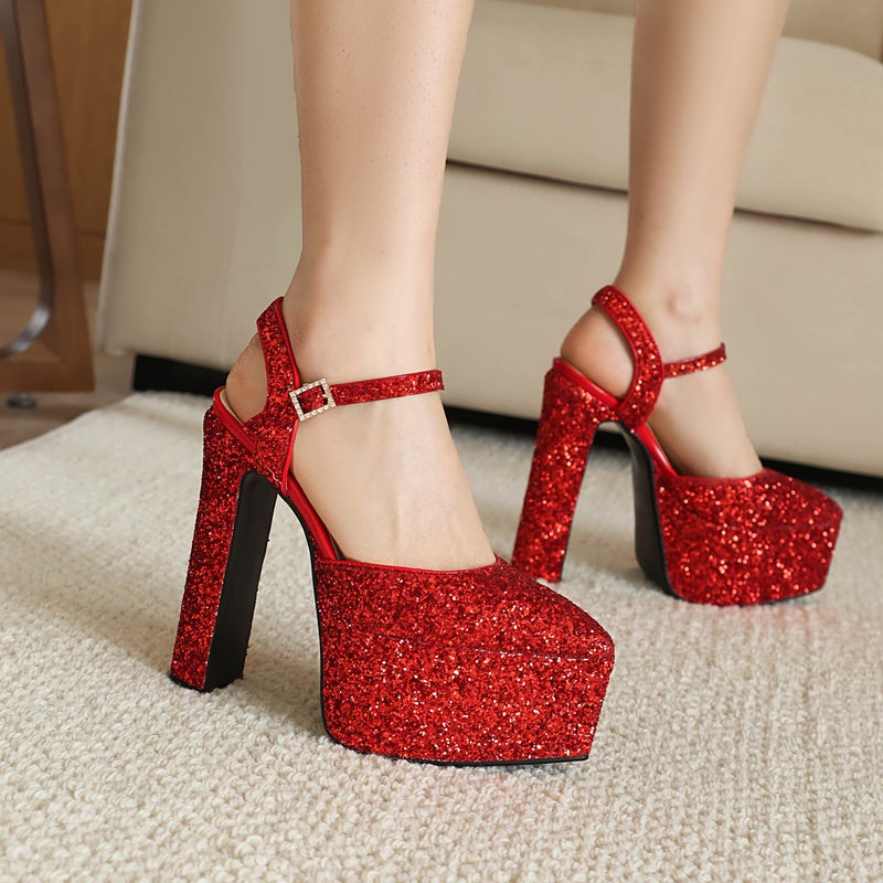 2024 Summer Fashion Sequin High Heeled Pointed 32-43 Size Code Buckle Strap Platform Sandals Women - Image 3