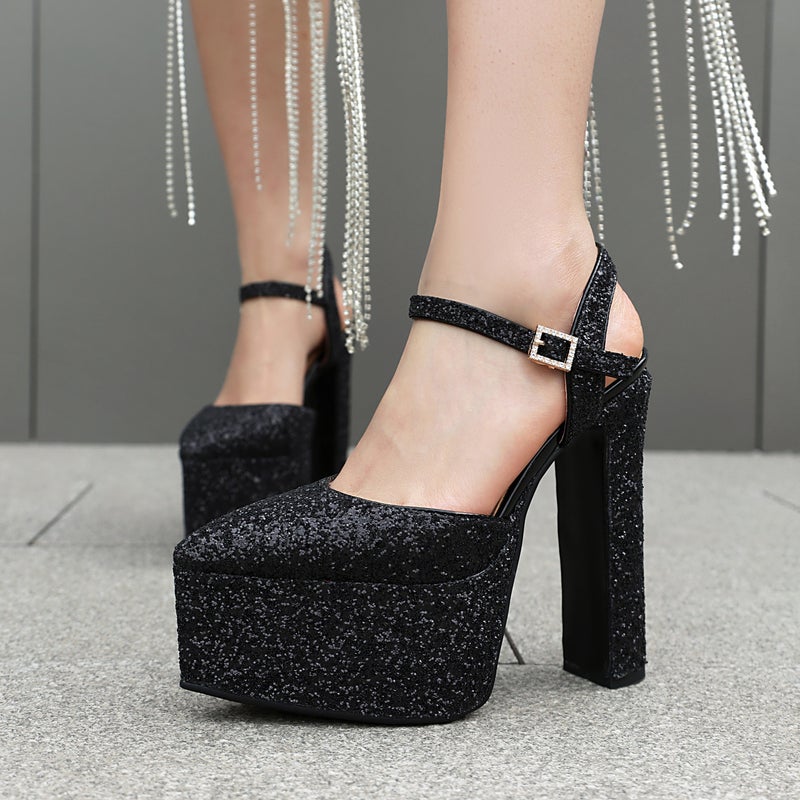 2024 Summer Fashion Sequin High Heeled Pointed 32-43 Size Code Buckle Strap Platform Sandals Women - Image 2