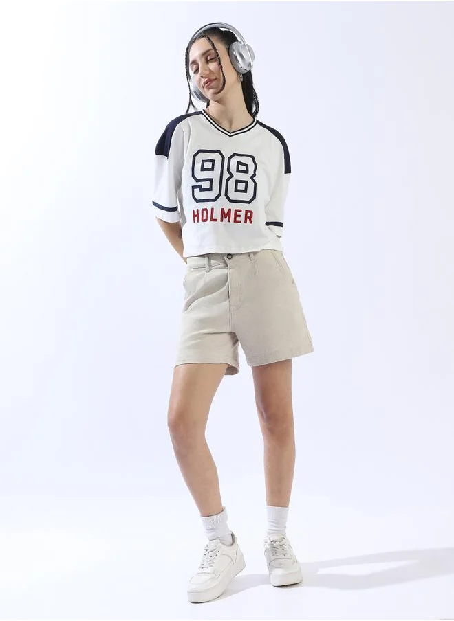 هوبرهولمي Women's Multicolour 100% Cotton Printed Cropped Boxy Fit T-Shirt