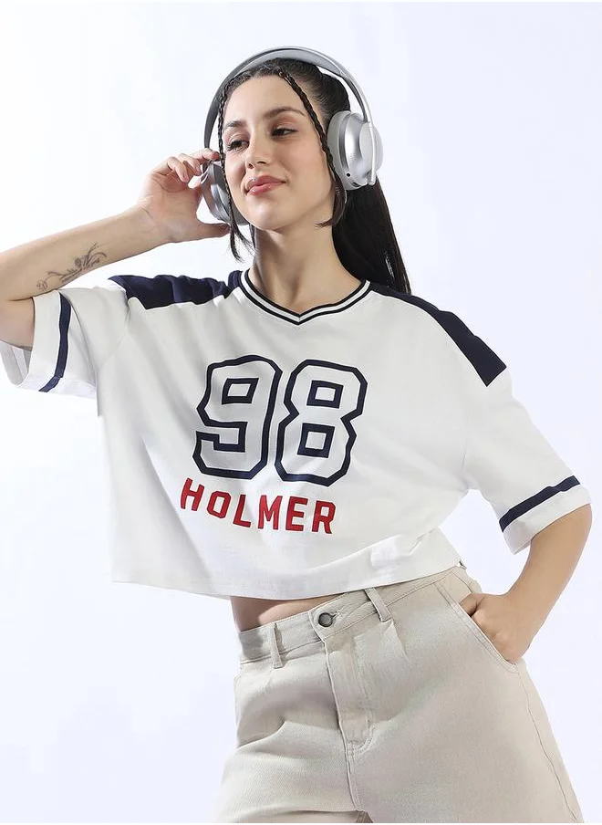 هوبرهولمي Women's Multicolour 100% Cotton Printed Cropped Boxy Fit T-Shirt