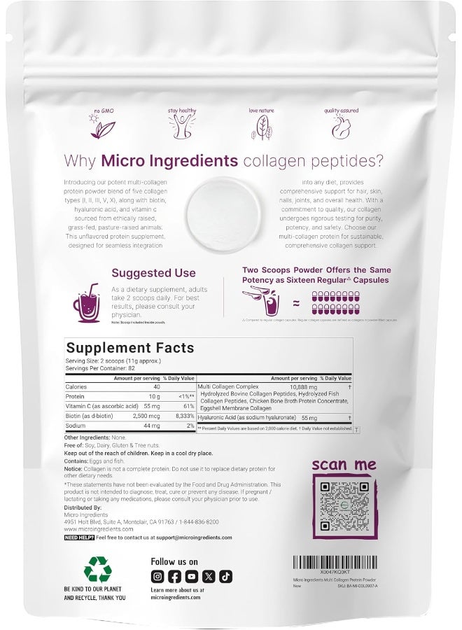 Micro Ingredients Multi Collagen Protein Powder, 2 Pounds – Type I,II,III,V,X with Biotin 10000mcg, Hyaluronic Acid, Vitamin C – Unflavored Collagen Peptides – Keto & Paleo Friendly, Easy Dissolve, Non-GMO  - Image 2