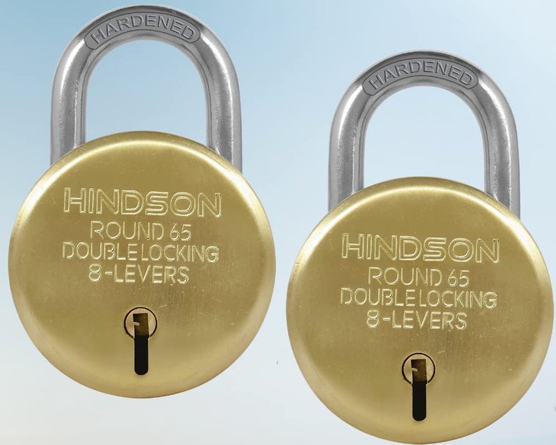 HINDSON Lock and Keys Door Lock for Home Round 65 Padlock with 3 Keys Double Locking 8 Lever gate Shop Shutter Gold Finish 65mm Steel Pack of 2 - Image 1