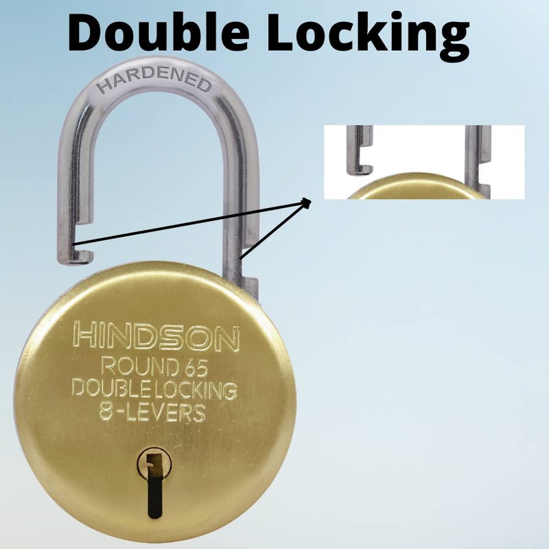 HINDSON Lock and Keys Door Lock for Home Round 65 Padlock with 3 Keys Double Locking 8 Lever gate Shop Shutter Gold Finish 65mm Steel Pack of 2 - Image 3