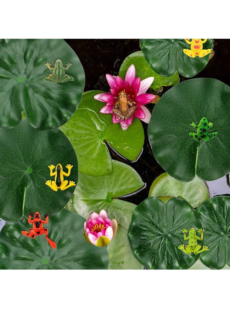 Y&D - Plastic Frogs Set Includes 24 Pieces Tiny Frog and 12 Artificial Floating Lotus Leaves for Pond Pool Decoration Party Supplies - Image 1