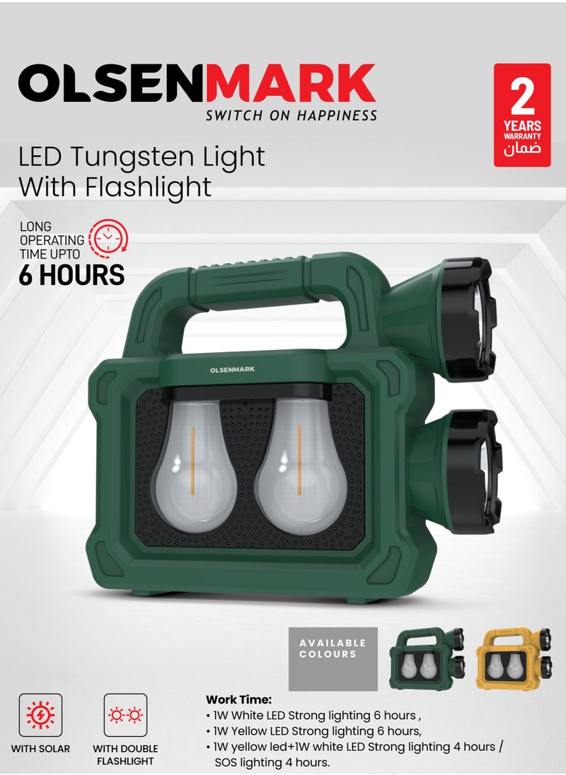 Olsenmark Olsenmark LED Tungsten Light With Flashlight OMES2839, Dual Bulb Design, 6 Hours Operating Time, with Solar Charging Option, USB Charging, Suitable for  Indoor and Outdoor Use, 2400mAh Ni-MH Battery, Multi-Functional, Green Color, 2 Years Warranty  - Image 1
