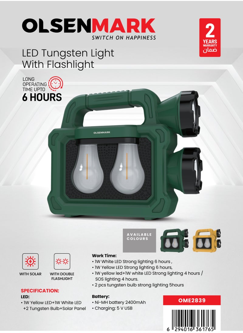 Olsenmark Olsenmark LED Tungsten Light With Flashlight OMES2839, Dual Bulb Design, 6 Hours Operating Time, with Solar Charging Option, USB Charging, Suitable for  Indoor and Outdoor Use, 2400mAh Ni-MH Battery, Multi-Functional, Green Color, 2 Years Warranty  - Image 2