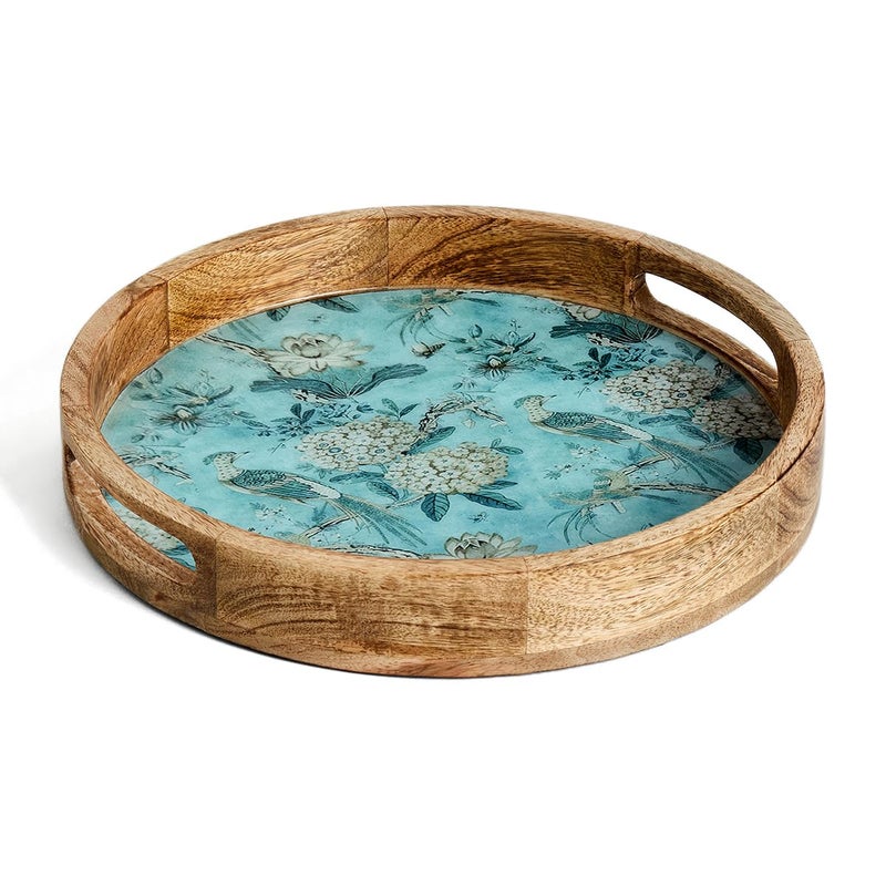 Saaga Round Serving Mango Wooden Tray with Handles - 12 Inch X 2 Inch - Serving Snacks, Beverages, Tea, Dessert, Dinner, Breakfast - Peony - Image 1