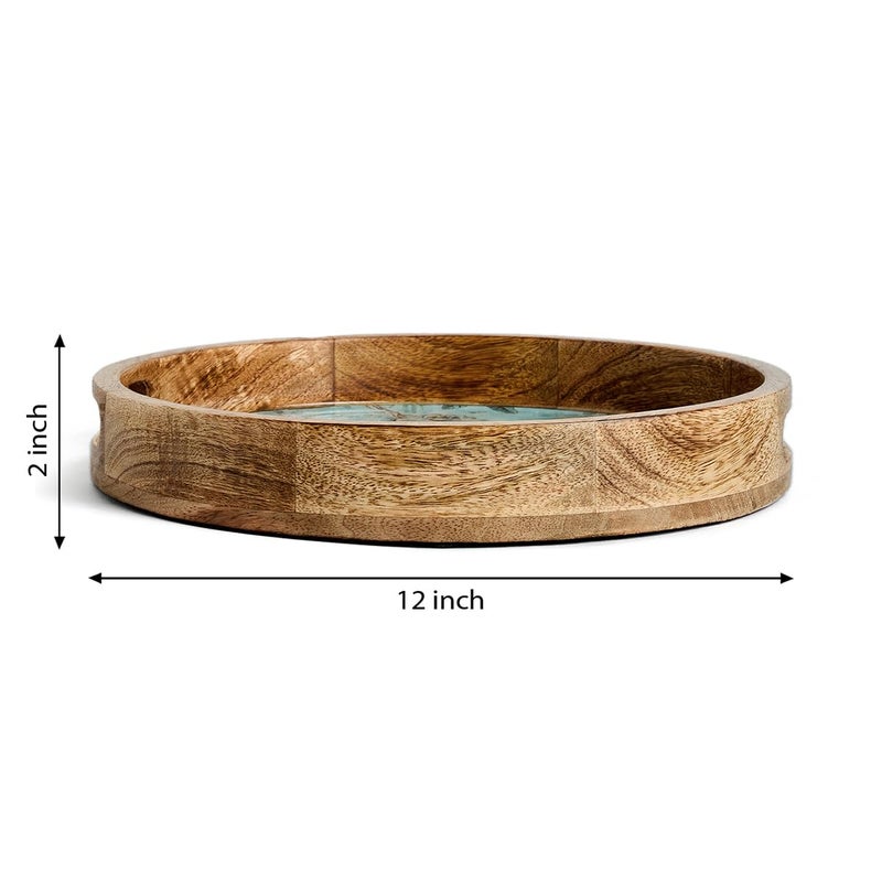 Saaga Round Serving Mango Wooden Tray with Handles - 12 Inch X 2 Inch - Serving Snacks, Beverages, Tea, Dessert, Dinner, Breakfast - Peony - Image 2