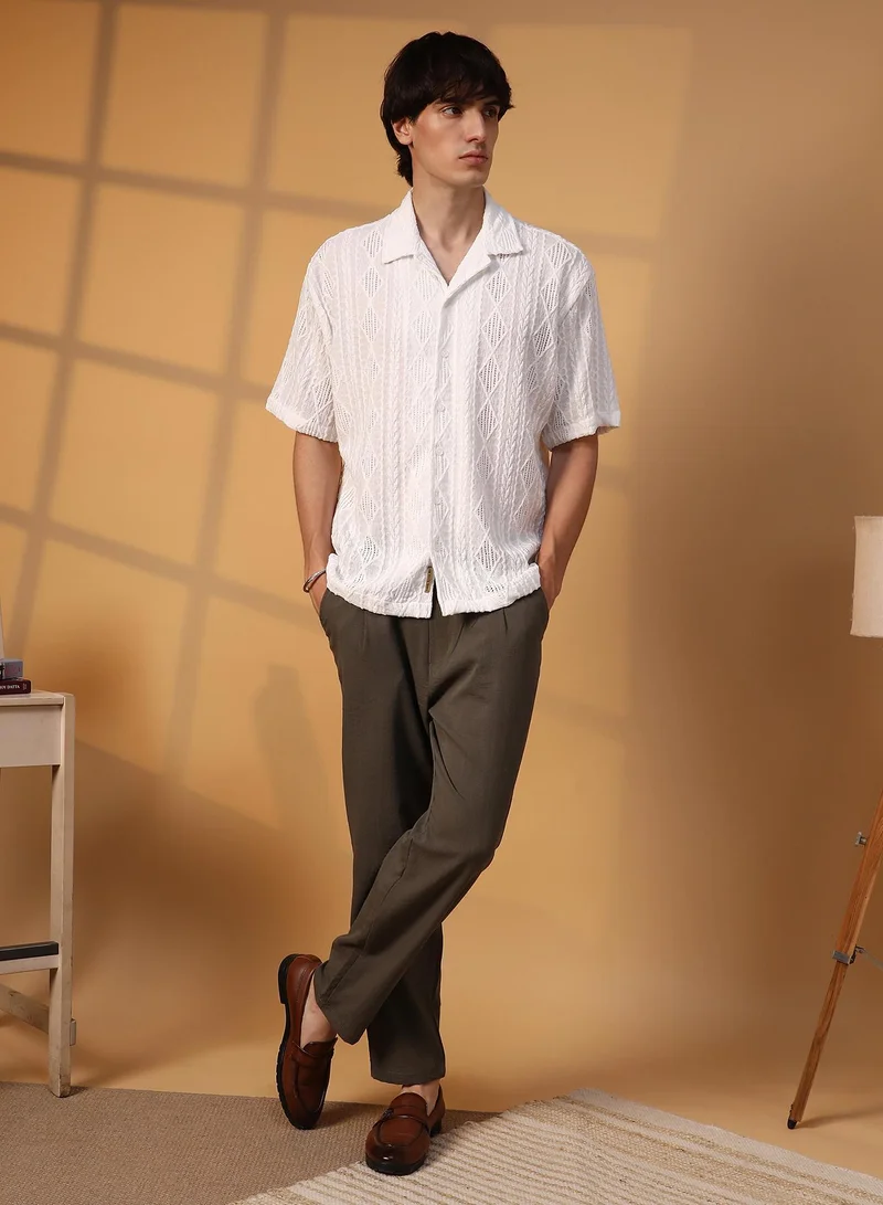 Campus Sutra Men's Daisy White Argyle-Textured Oversized Shirt