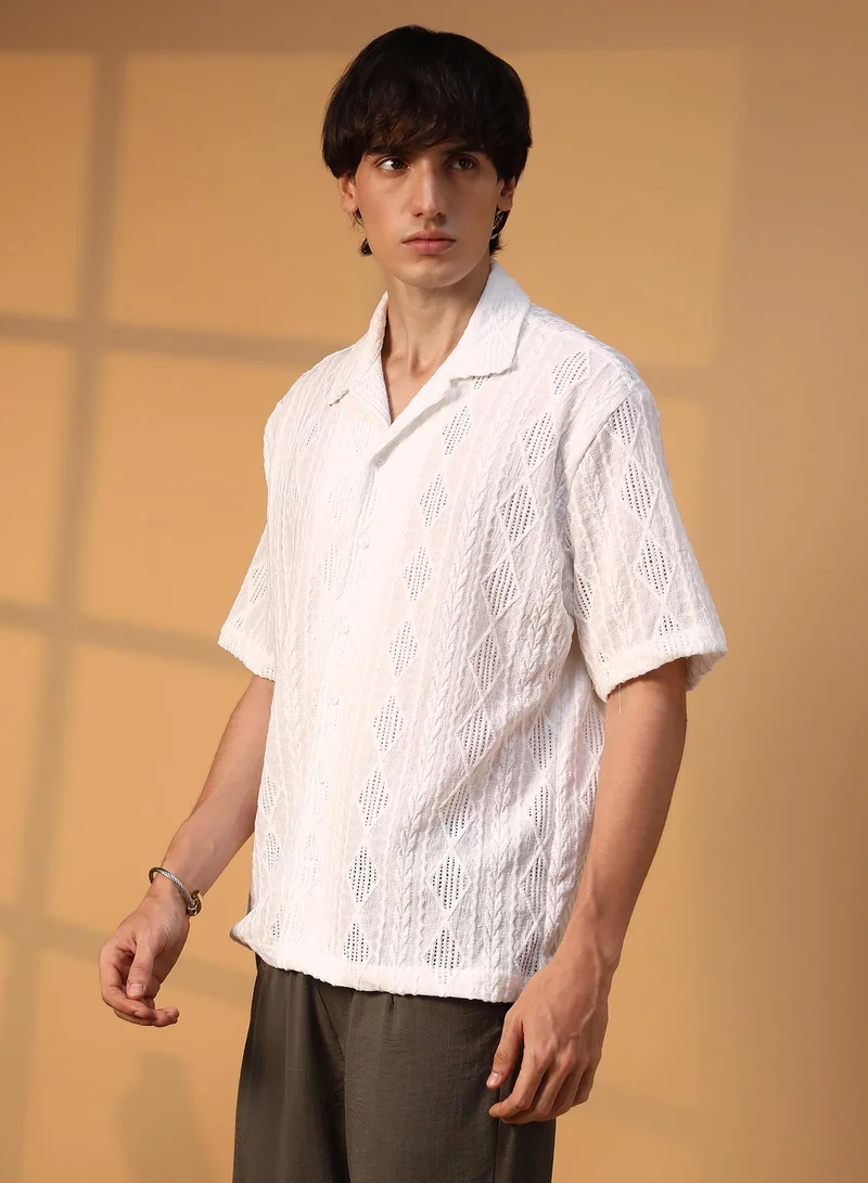 Campus Sutra Men's Daisy White Argyle-Textured Oversized Shirt