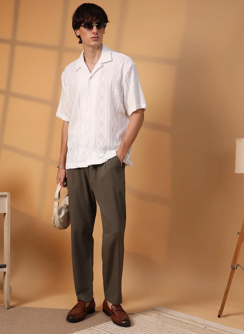 Campus Sutra Men's Daisy White Argyle-Textured Oversized Shirt