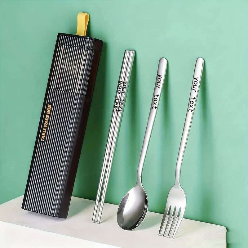 4 Piece 304 Stainless Steel Fork Spoon And Chopsticks Set With Storage Box Portable Black Silver Tableware For Dining Out Travel Camping Daily Use - Image 4