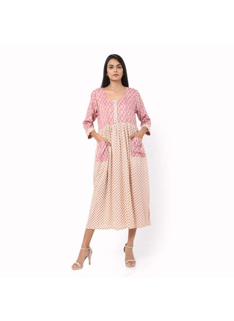 SHORT PINK COLOUR STYLISH HIGH QUALITY PRINTED WITH FRONT BUTTONED STYLED ARABIC KAFTAN JALABIYA DRESS
