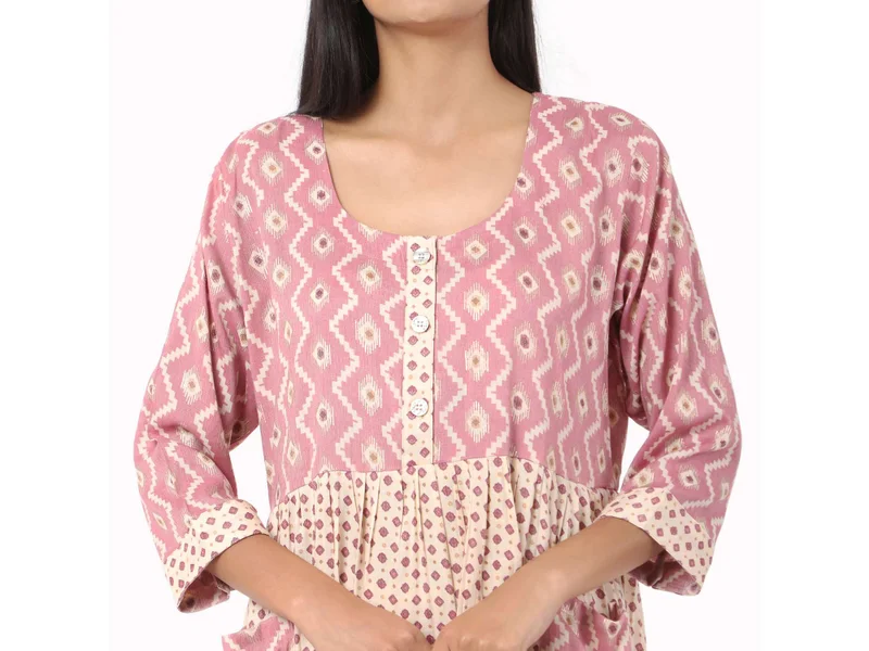 HANA & SARA SHORT PINK COLOUR STYLISH HIGH QUALITY PRINTED WITH FRONT BUTTONED STYLED ARABIC KAFTAN JALABIYA DRESS