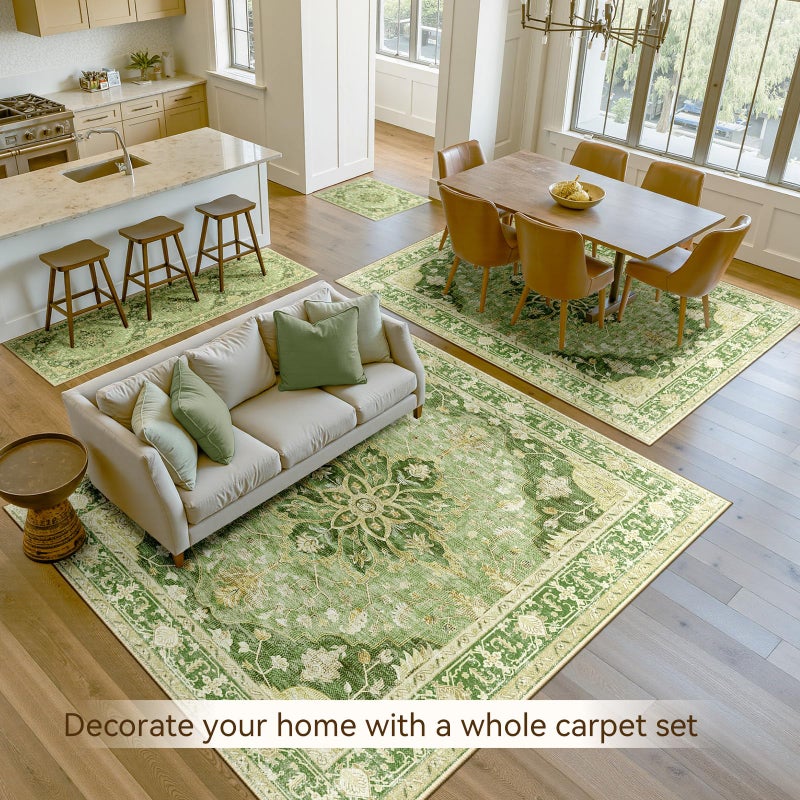 RELEANY Area Rugs 5'x7' Washable Non-Slip, Floral Vintage Distress Print Pattern Medallion Carpet for Living Room Bedroom Dining Room, Sage Green Yellow - Image 4