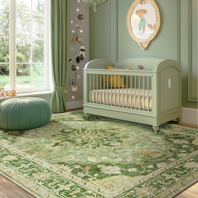 RELEANY Area Rugs 5'x7' Washable Non-Slip, Floral Vintage Distress Print Pattern Medallion Carpet for Living Room Bedroom Dining Room, Sage Green Yellow - Image 1