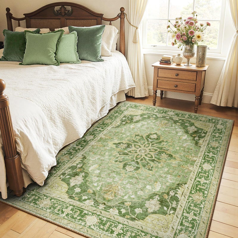 RELEANY Area Rugs 5'x7' Washable Non-Slip, Floral Vintage Distress Print Pattern Medallion Carpet for Living Room Bedroom Dining Room, Sage Green Yellow - Image 2