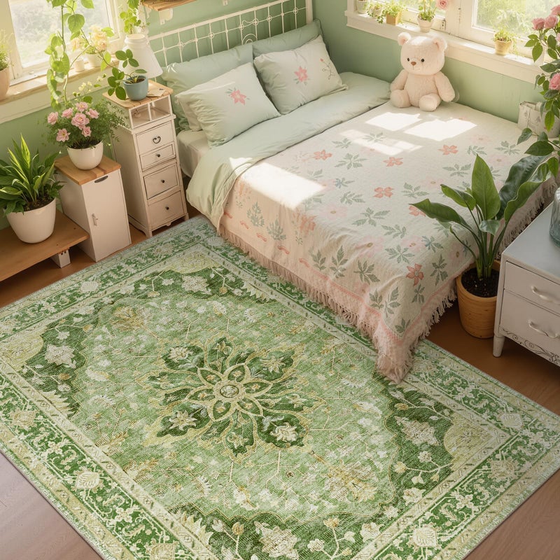 RELEANY Area Rugs 5'x7' Washable Non-Slip, Floral Vintage Distress Print Pattern Medallion Carpet for Living Room Bedroom Dining Room, Sage Green Yellow - Image 3