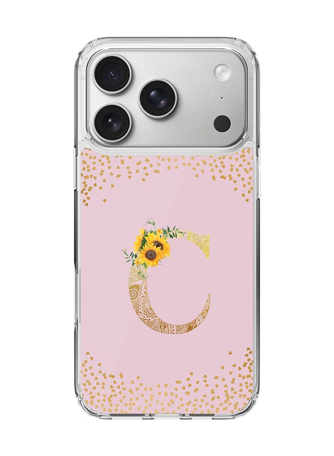 Stylizedd Classic Clear MagSafe Case for iPhone 17 Pro , Hybrid Soft Case Flexible Edges Anti Drop TPU PC Gel Thin Transparent Cover [ Designed for iPhone 17 Pro ] - Custom Monogram Initial Letter Floral Pattern Alphabet - C  (Pink )