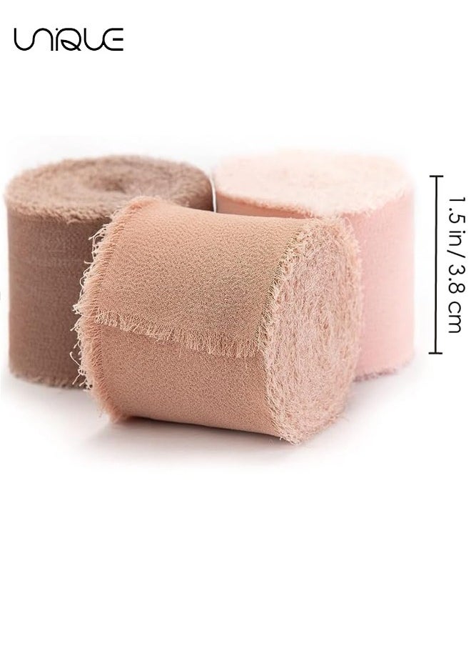 Handmade Tassel Chiffon Ribbon, 3 Rolls of 4cm x 5m Silk Ribbon Bean Paste Series Ribbon Set for Wedding Invitations, Bridal Bouquets, Gift Wrapping, DIY Crafts