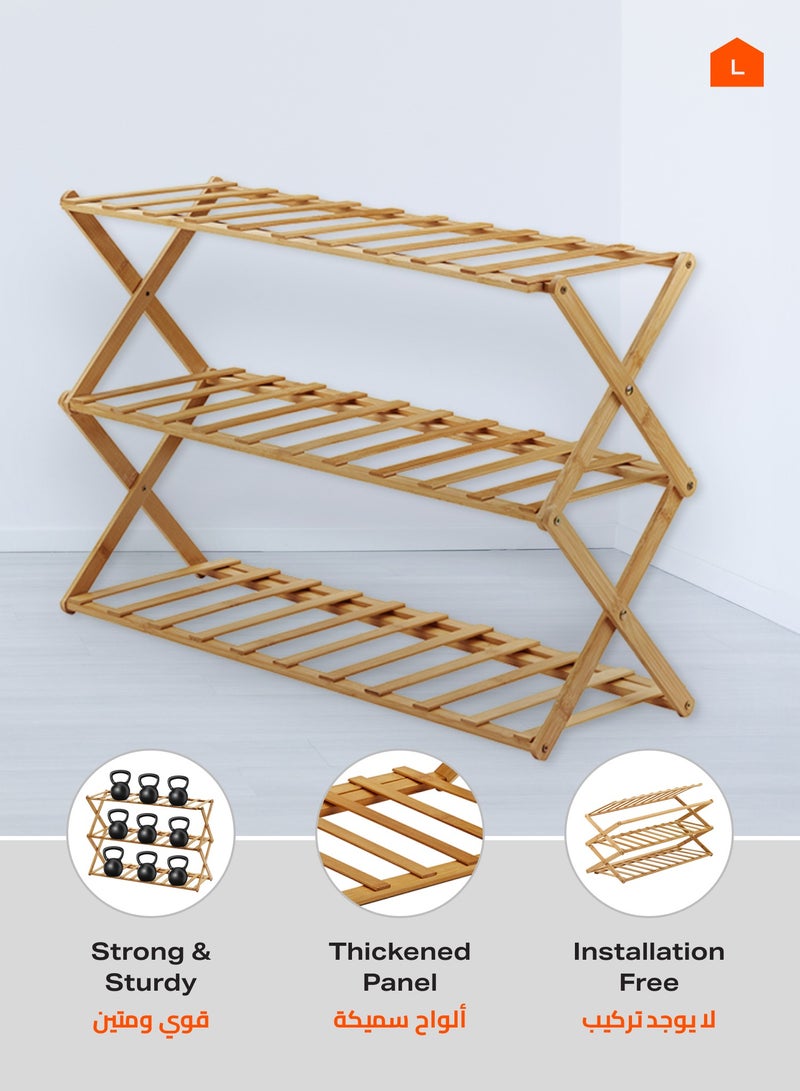 لوازم رف أحذية من الخيزران، 3 طبقات، متعدد الاستخدامات، قابل للطي، منظم تخزين للمداخل، الممرات، الحمامات، غرف المعيشة والنوم (جاهز للاستخدام، بدون تركيب) - Image 4