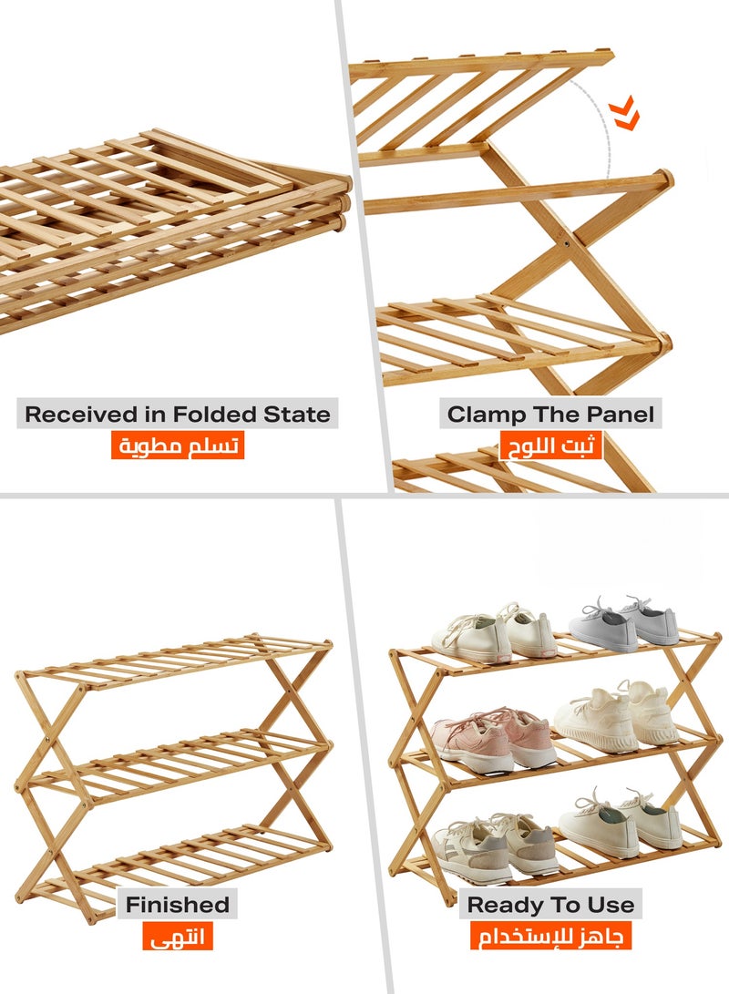 لوازم رف أحذية من الخيزران، 3 طبقات، متعدد الاستخدامات، قابل للطي، منظم تخزين للمداخل، الممرات، الحمامات، غرف المعيشة والنوم (جاهز للاستخدام، بدون تركيب) - Image 5