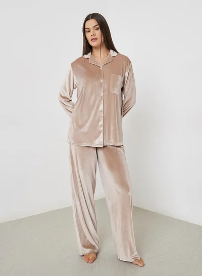 Styli Velvet Button Placket Shirt and Pyjama Set