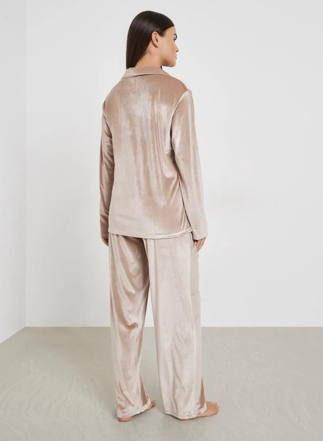 Styli Velvet Button Placket Shirt and Pyjama Set