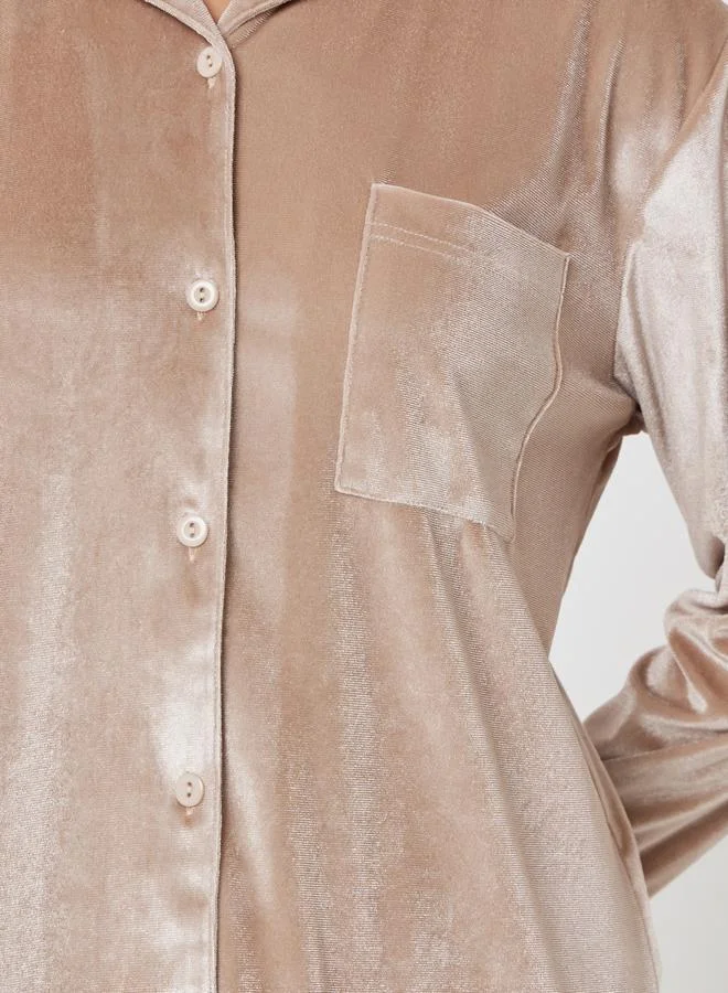 Styli Velvet Button Placket Shirt and Pyjama Set