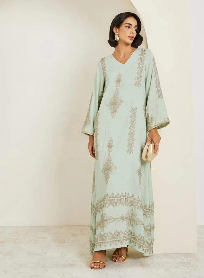 Women Green Embroidered A-Line Jalabiya