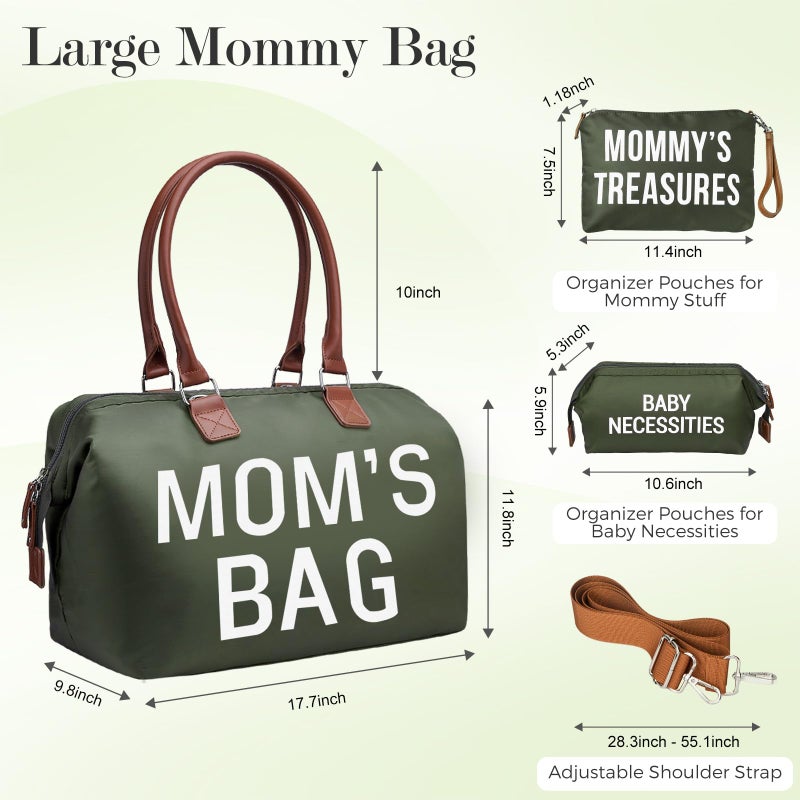 printe Mom's Bag, Hospital Bag for Labor and Delivery, Large Mommy Diaper Tote for Mom Overnight Travel, Waterproof Baby Handbag with Pouches and Straps, Olive Green - Image 3