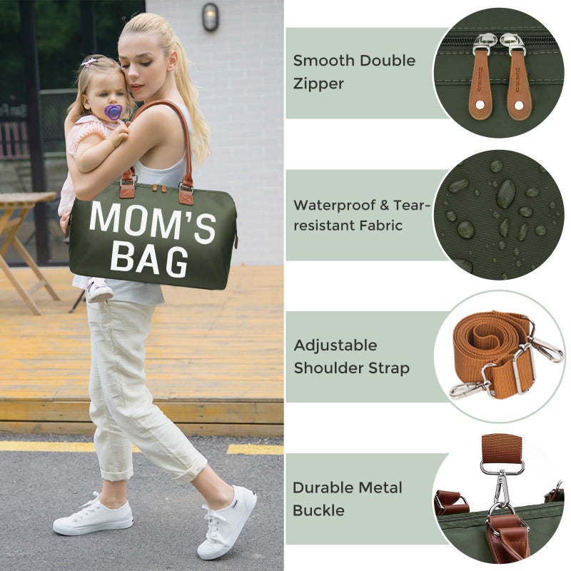 printe Mom's Bag, Hospital Bag for Labor and Delivery, Large Mommy Diaper Tote for Mom Overnight Travel, Waterproof Baby Handbag with Pouches and Straps, Olive Green - Image 4
