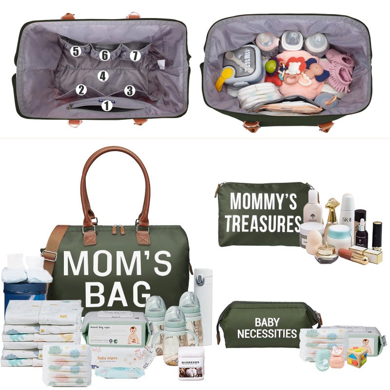 printe Mom's Bag, Hospital Bag for Labor and Delivery, Large Mommy Diaper Tote for Mom Overnight Travel, Waterproof Baby Handbag with Pouches and Straps, Olive Green - Image 2