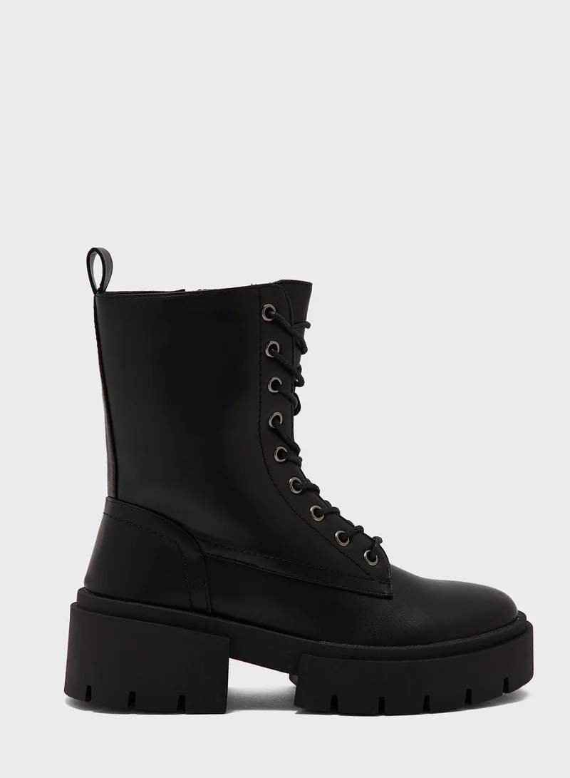 Truffle Wide Fit Chunky Heel Military Boot