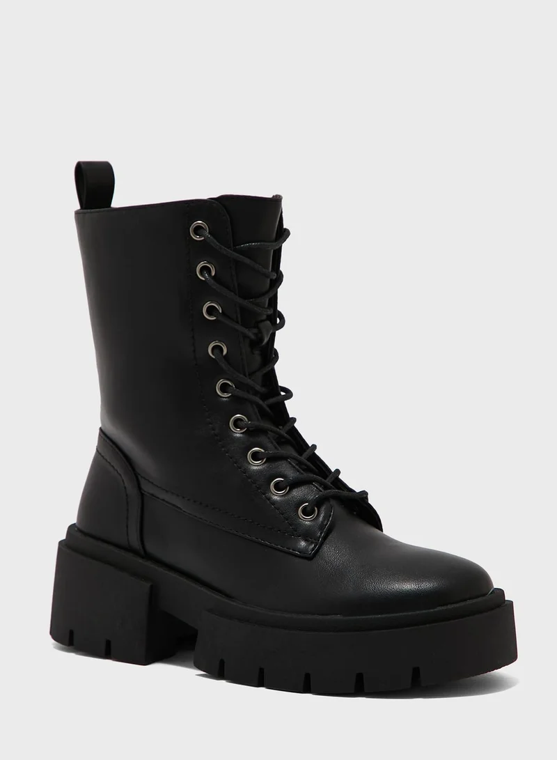 Truffle Wide Fit Chunky Heel Military Boot