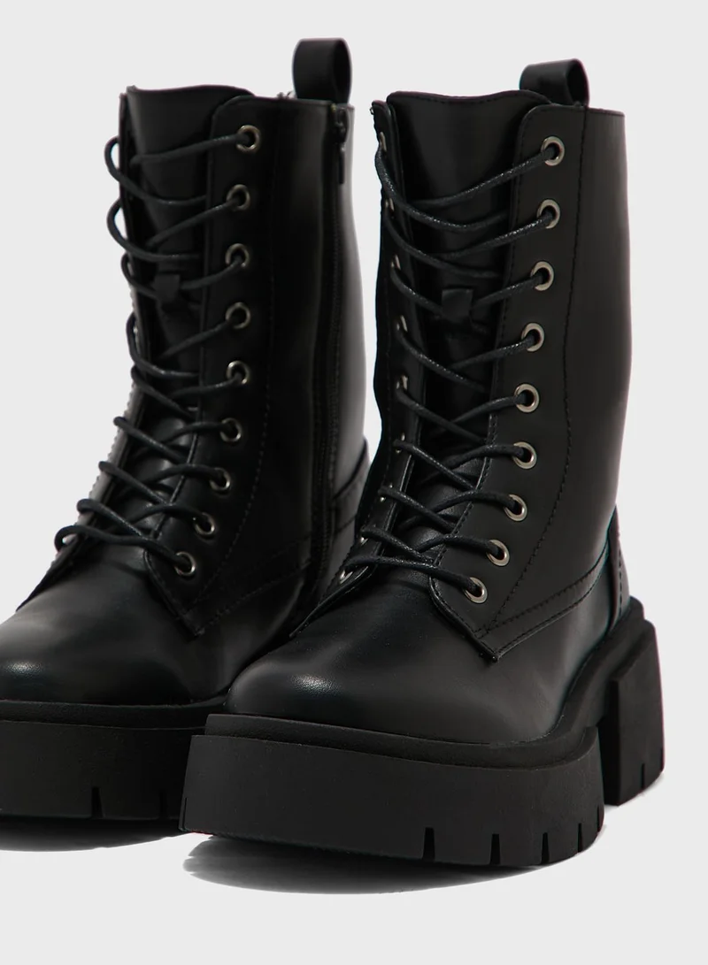Truffle Wide Fit Chunky Heel Military Boot