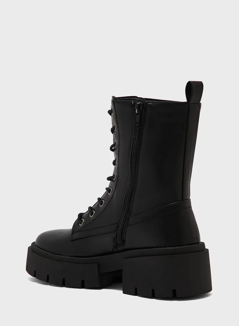 Truffle Wide Fit Chunky Heel Military Boot