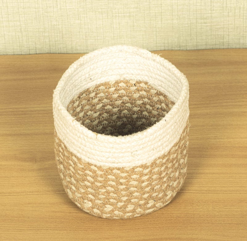 TIB The Intellect Bazaar jute Planter Pots/Handcrafted Storage Basket, Multi-Purpose use for Living Room (8x8 Inches) Beige and White Color - Image 2